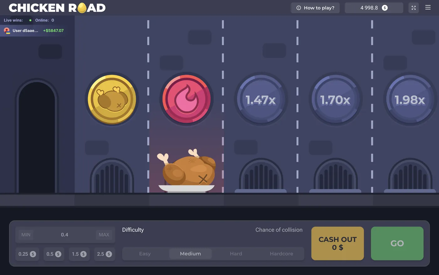 Chicken Road nach einem Fehlschritt mit verlorener Runde und Cash-Out-Wert von 0