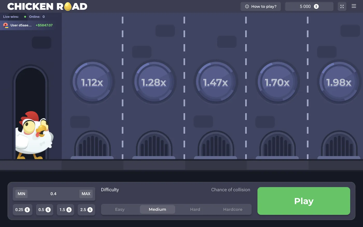 Chicken Road Startbildschirm mit Einsatzauswahl, Schwierigkeitsgrad und Play-Button